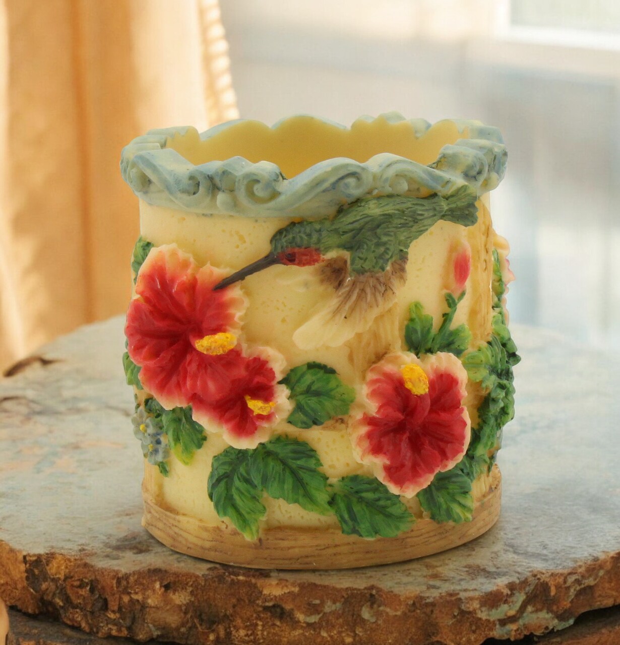 Polyresin Hummingbird with Hibiscus Flower Votive Candle Holder, Birdwatcher Gift, Gift for Her, Gift for Mom, Home Decor